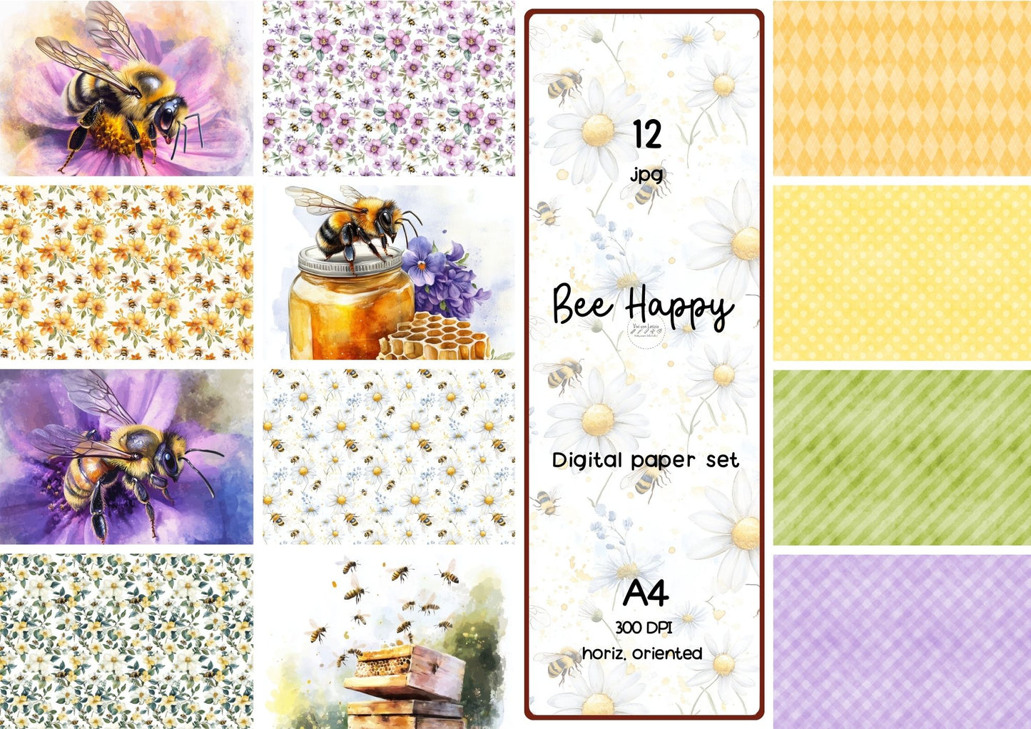 Kit carta scrapbooking con api Bee Happy | formato A4 orizzontale