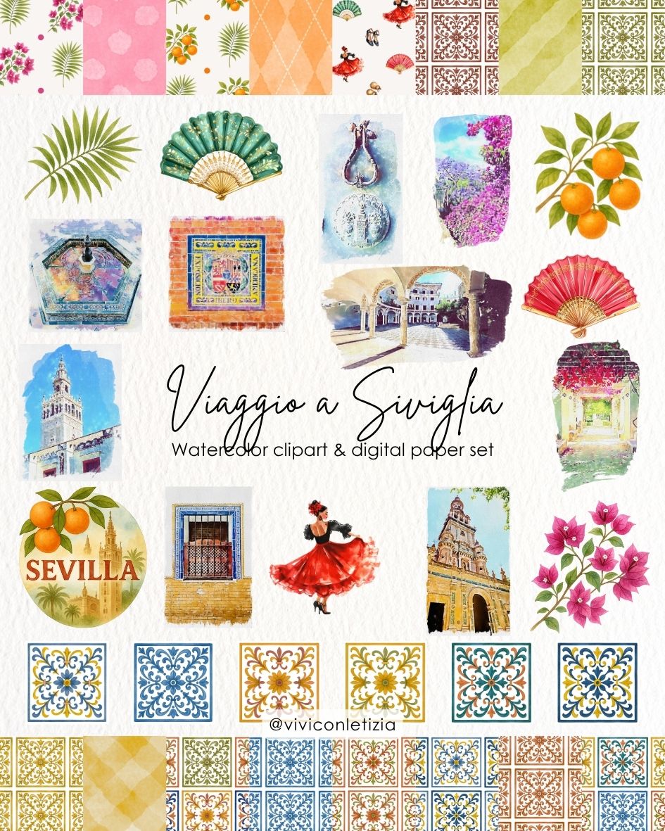 Clipart acquerello tema Siviglia per scrapbooking