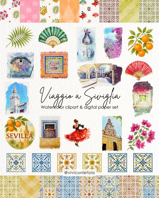 Clipart acquerello tema Siviglia per scrapbooking