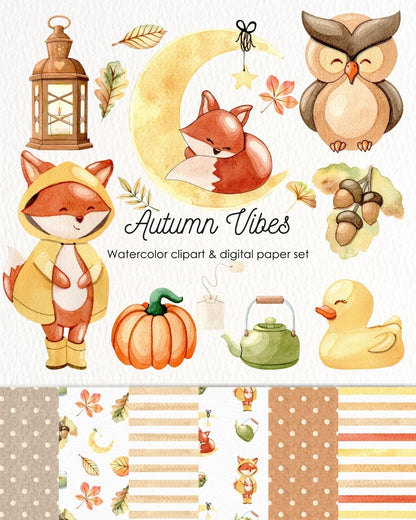 Autumn Vibes | autunno watercolor clipart - stickers - adesivi - digital paper