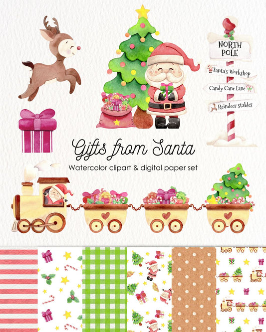 Gifts from Santa | Natale watercolor clipart - stickers - adesivi - digital paper