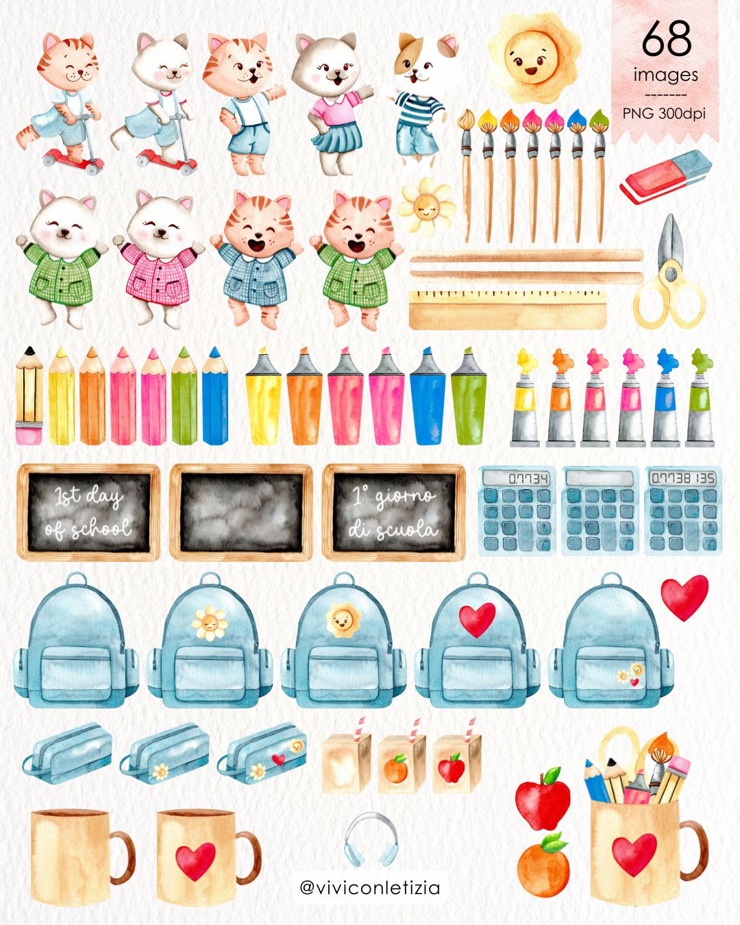 Happy Back to school | Ritorno a scuola clipart - stickers - adesivi - digital paper