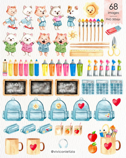 Happy Back to school | Ritorno a scuola clipart - stickers - adesivi - digital paper