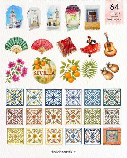 Clipart acquerello tema Siviglia per scrapbooking