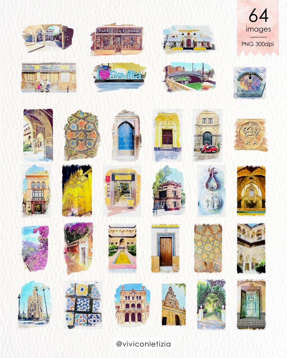 Clipart acquerello tema Siviglia per scrapbooking
